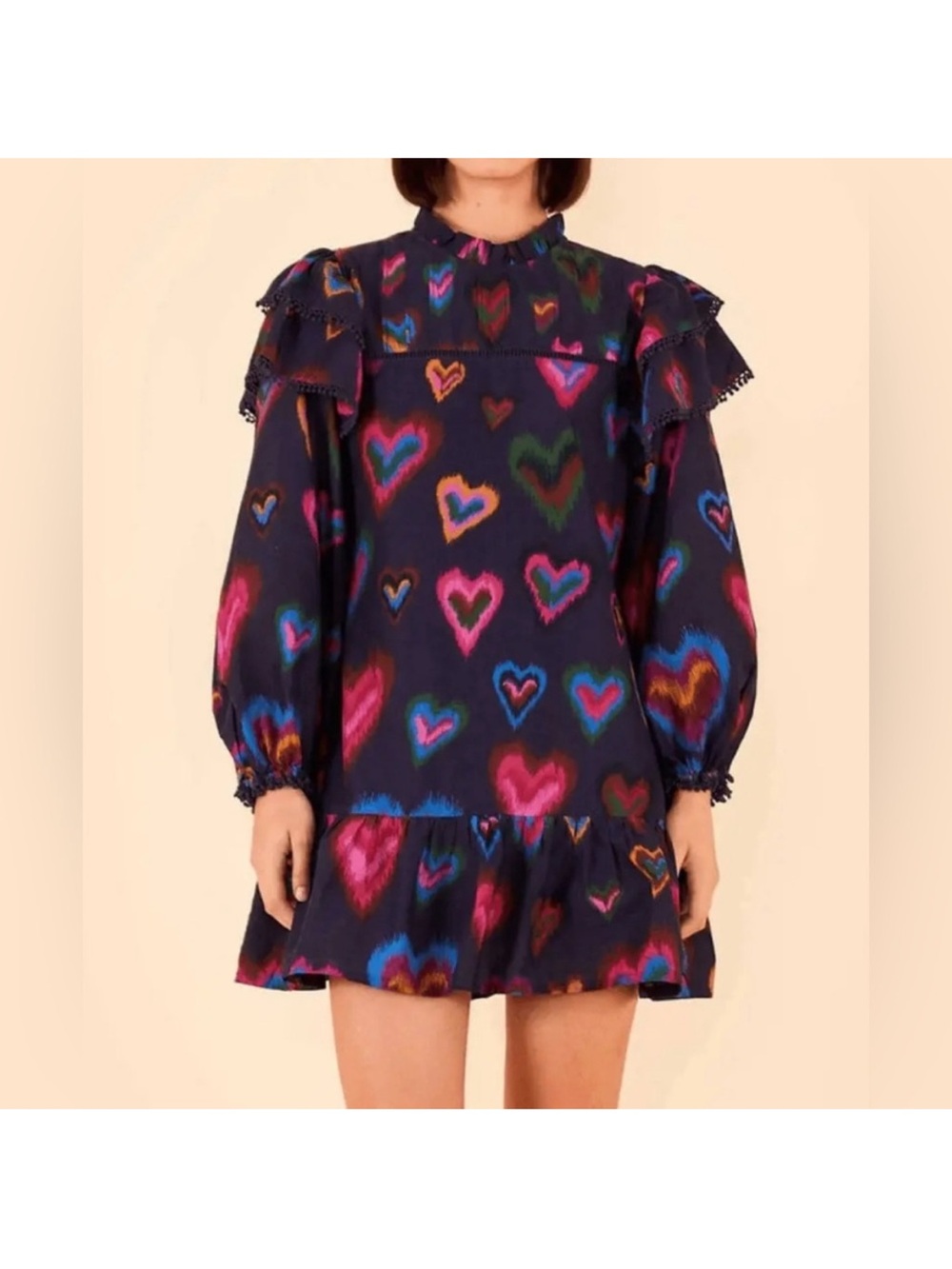 JY26 Farm Rio Ikat Dyed Hearts Navy Hearts Mini Dress